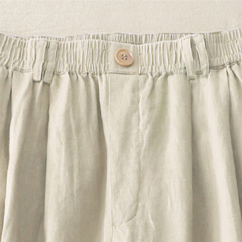 Buddha Stones Vintage-Hose aus Baumwolle und Leinen mit weitem Bein und Taschen, einfarbig, mit plissiertem Bündchen