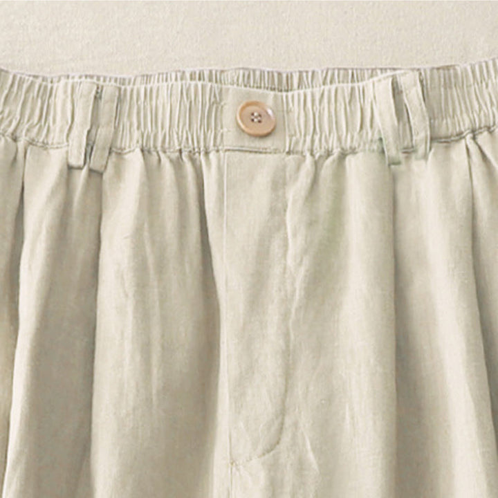 Buddha Stones Vintage-Hose aus Baumwolle und Leinen mit weitem Bein und Taschen, einfarbig, mit plissiertem Bündchen