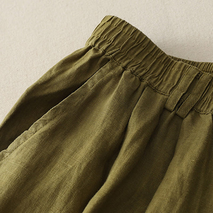 Buddha Stones Vintage-Hose aus Baumwolle und Leinen mit weitem Bein und Taschen, einfarbig, mit plissiertem Bündchen