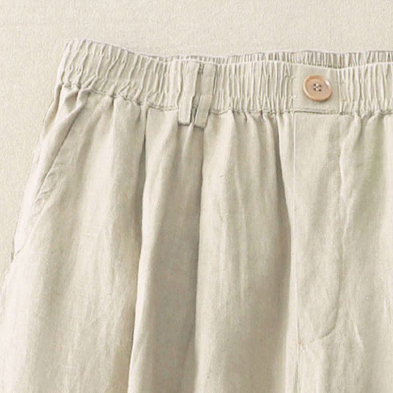 Buddha Stones Vintage-Hose aus Baumwolle und Leinen mit weitem Bein und Taschen, einfarbig, mit plissiertem Bündchen