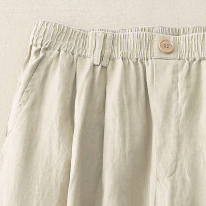 Buddha Stones Vintage-Hose aus Baumwolle und Leinen mit weitem Bein und Taschen, einfarbig, mit plissiertem Bündchen