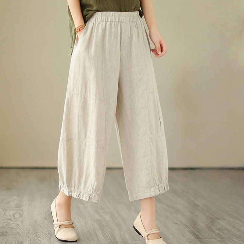 Buddha Stones Vintage Lässiges Plissee-Design Baumwolle Damen Weites Bein Cropped Hose mit Taschen