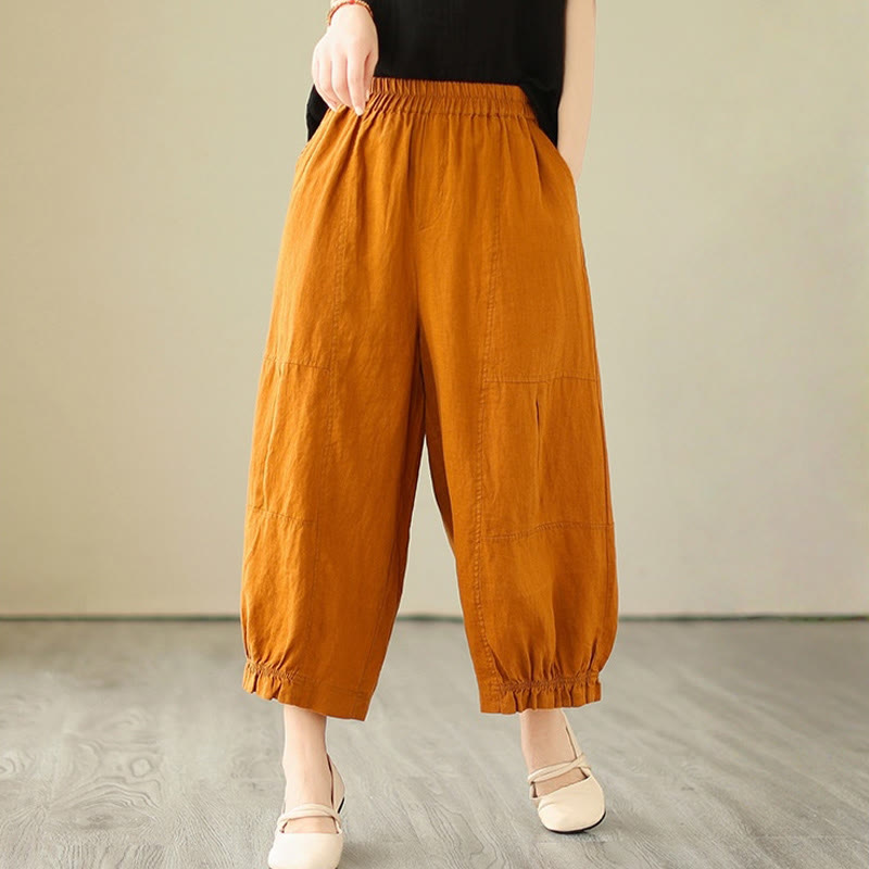 Buddha Stones Vintage Lässiges Plissee-Design Baumwolle Damen Weites Bein Cropped Hose mit Taschen