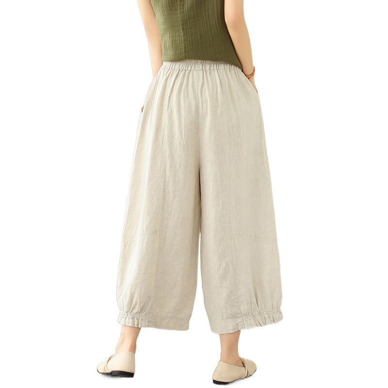 Buddha Stones Vintage Lässiges Plissee-Design Baumwolle Damen Weites Bein Cropped Hose mit Taschen