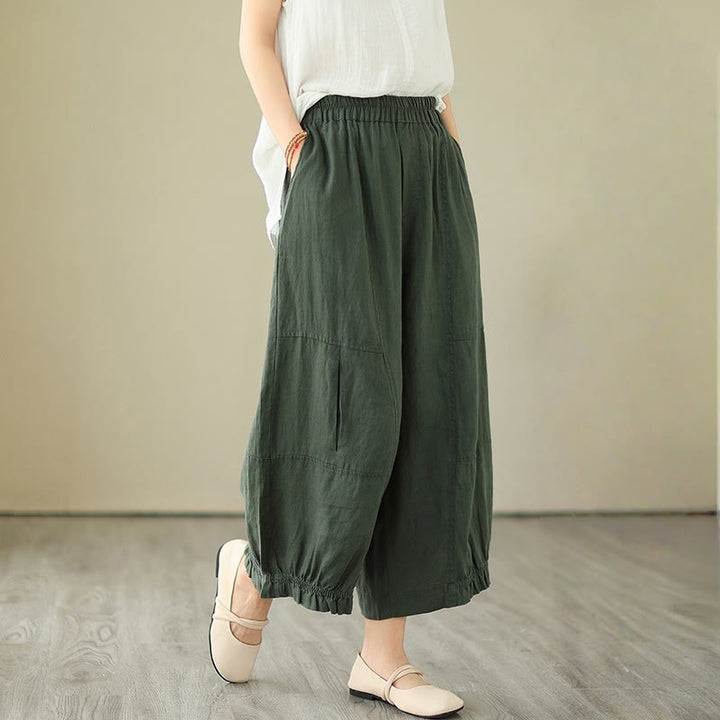 Buddha Stones Vintage Lässiges Plissee-Design Baumwolle Damen Weites Bein Cropped Hose mit Taschen