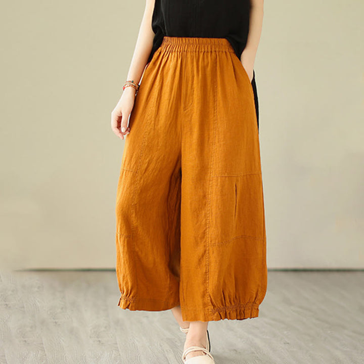 Buddha Stones Vintage Lässiges Plissee-Design Baumwolle Damen Weites Bein Cropped Hose mit Taschen