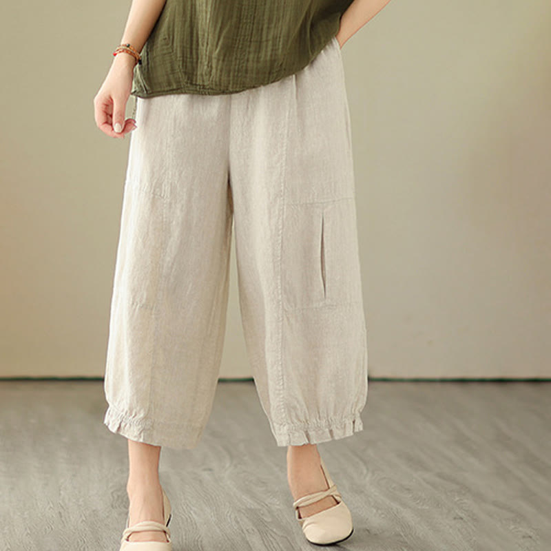 Buddha Stones Vintage Lässiges Plissee-Design Baumwolle Damen Weites Bein Cropped Hose mit Taschen