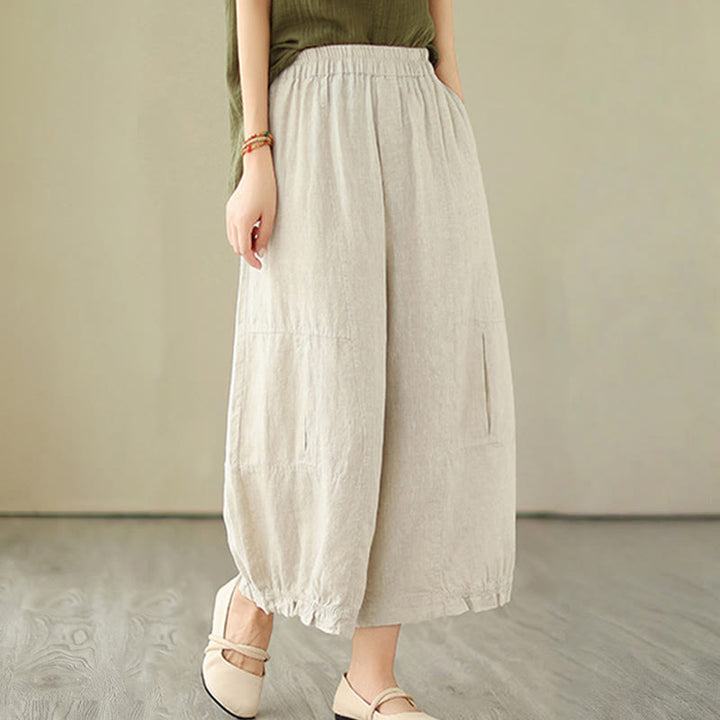 Buddha Stones Vintage Lässiges Plissee-Design Baumwolle Damen Weites Bein Cropped Hose mit Taschen