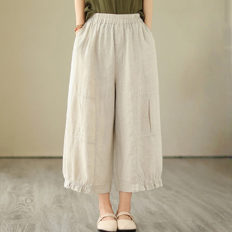 Buddha Stones Vintage Lässiges Plissee-Design Baumwolle Damen Weites Bein Cropped Hose mit Taschen