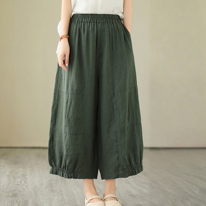 Buddha Stones Vintage Lässiges Plissee-Design Baumwolle Damen Weites Bein Cropped Hose mit Taschen