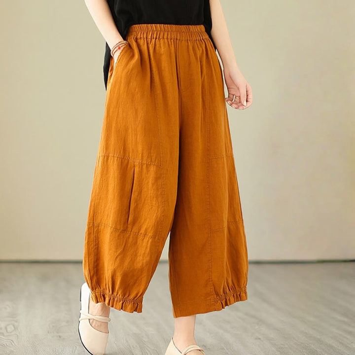 Buddha Stones Vintage Lässiges Plissee-Design Baumwolle Damen Weites Bein Cropped Hose mit Taschen
