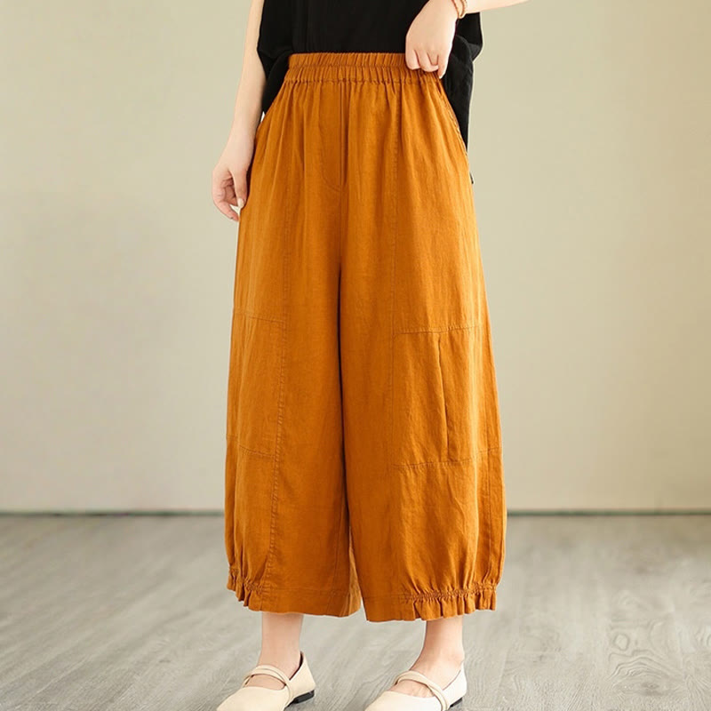 Buddha Stones Vintage Lässiges Plissee-Design Baumwolle Damen Weites Bein Cropped Hose mit Taschen