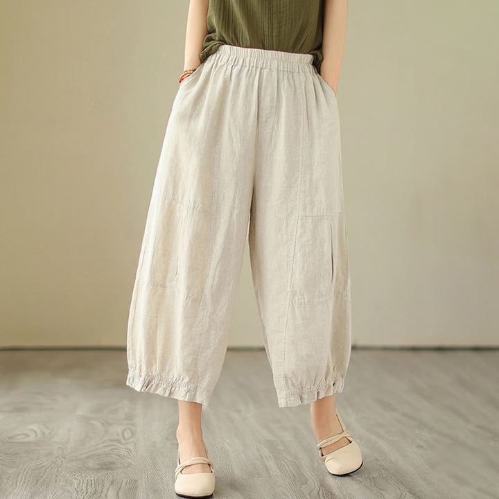 Buddha Stones Vintage Lässiges Plissee-Design Baumwolle Damen Weites Bein Cropped Hose mit Taschen