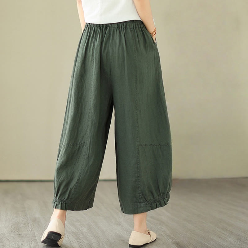 Buddha Stones Vintage Lässiges Plissee-Design Baumwolle Damen Weites Bein Cropped Hose mit Taschen