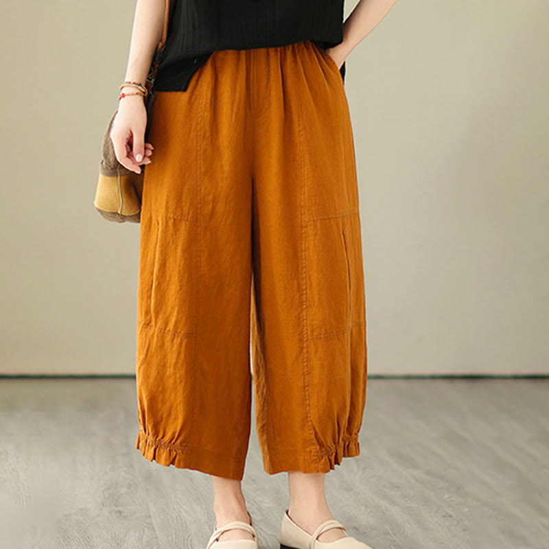 Buddha Stones Vintage Lässiges Plissee-Design Baumwolle Damen Weites Bein Cropped Hose mit Taschen
