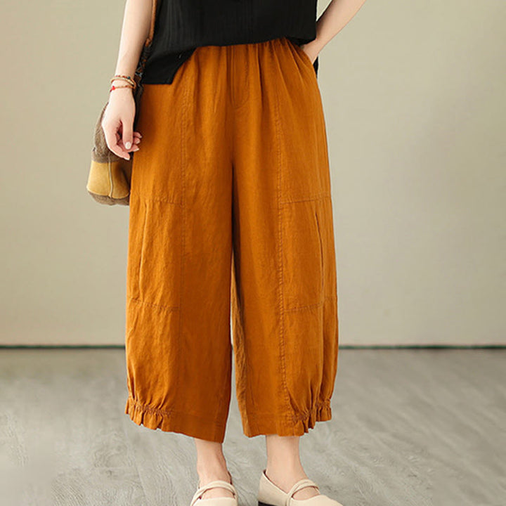 Buddha Stones Vintage Lässiges Plissee-Design Baumwolle Damen Weites Bein Cropped Hose mit Taschen