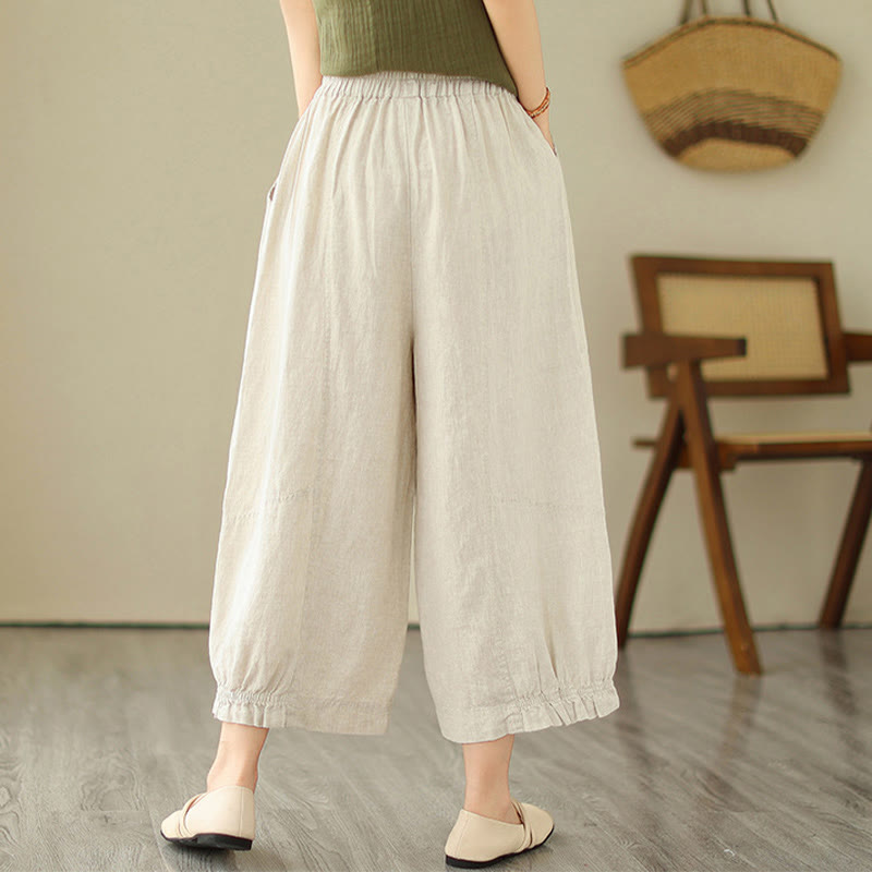 Buddha Stones Vintage Lässiges Plissee-Design Baumwolle Damen Weites Bein Cropped Hose mit Taschen