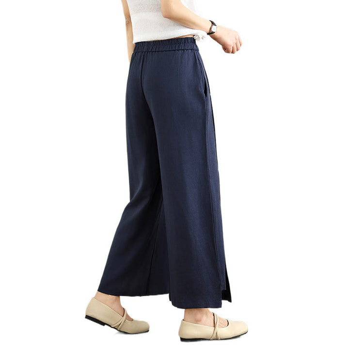 Buddha Stones Frühlings-Casual Navy Simple Line Design Baumwolle Leinen Damen Weite Beinhose mit Taschen