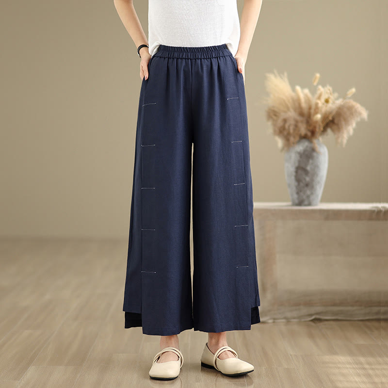 Buddha Stones Frühlings-Casual Navy Simple Line Design Baumwolle Leinen Damen Weite Beinhose mit Taschen