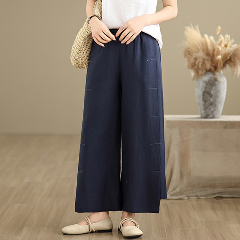 Buddha Stones Frühlings-Casual Navy Simple Line Design Baumwolle Leinen Damen Weite Beinhose mit Taschen