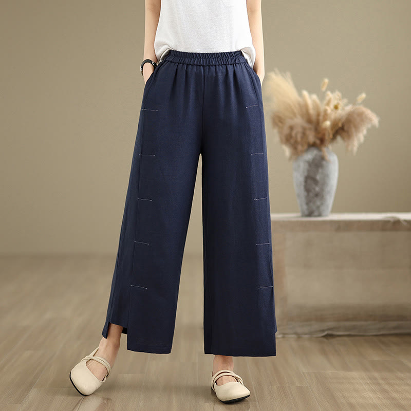Buddha Stones Frühlings-Casual Navy Simple Line Design Baumwolle Leinen Damen Weite Beinhose mit Taschen