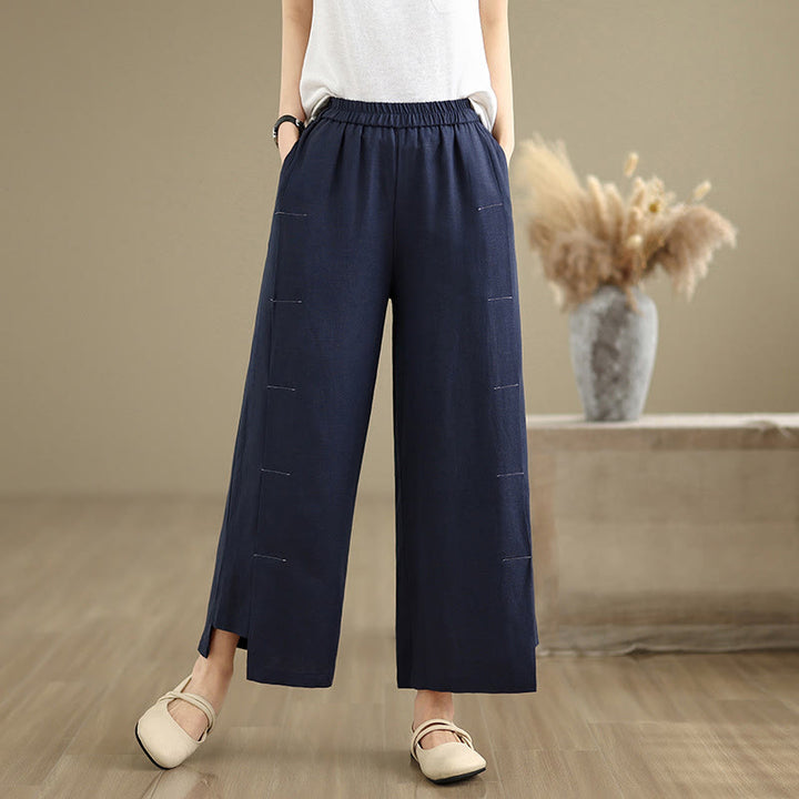 Buddha Stones Frühlings-Casual Navy Simple Line Design Baumwolle Leinen Damen Weite Beinhose mit Taschen