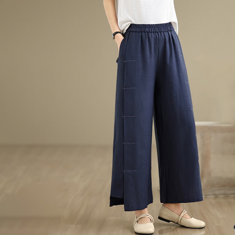 Buddha Stones Frühlings-Casual Navy Simple Line Design Baumwolle Leinen Damen Weite Beinhose mit Taschen
