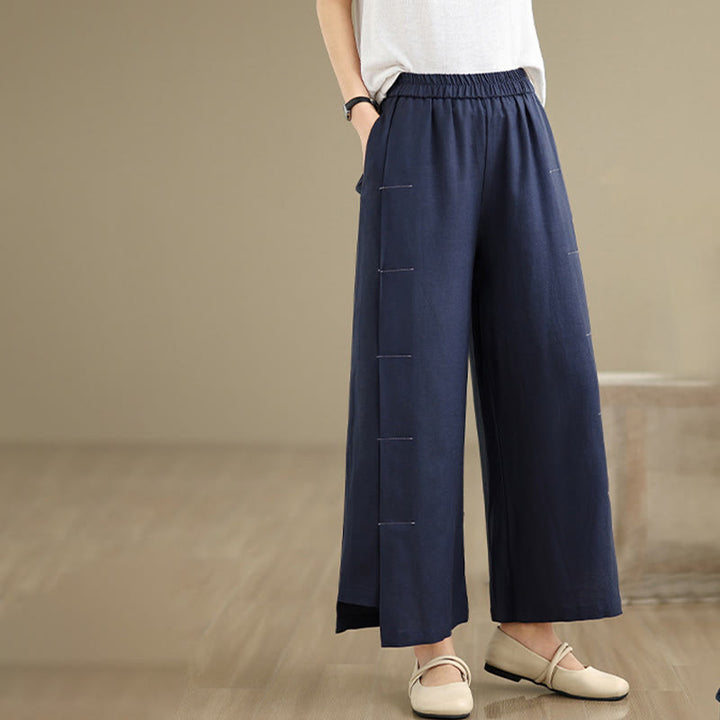 Buddha Stones Frühlings-Casual Navy Simple Line Design Baumwolle Leinen Damen Weite Beinhose mit Taschen