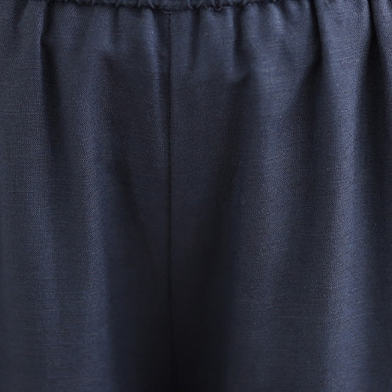 Buddha Stones Frühlings-Casual Navy Simple Line Design Baumwolle Leinen Damen Weite Beinhose mit Taschen