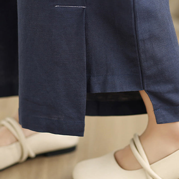 Buddha Stones Frühlings-Casual Navy Simple Line Design Baumwolle Leinen Damen Weite Beinhose mit Taschen - image 8