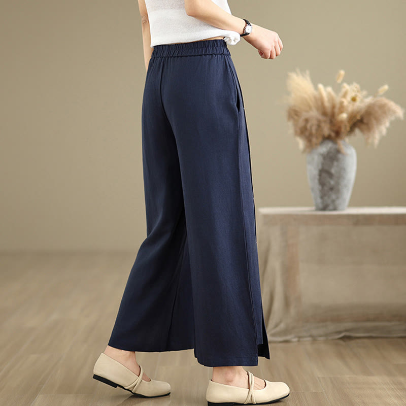 Buddha Stones Frühlings-Casual Navy Simple Line Design Baumwolle Leinen Damen Weite Beinhose mit Taschen
