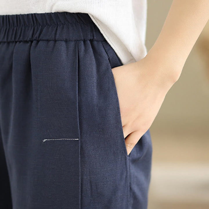 Buddha Stones Frühlings-Casual Navy Simple Line Design Baumwolle Leinen Damen Weite Beinhose mit Taschen