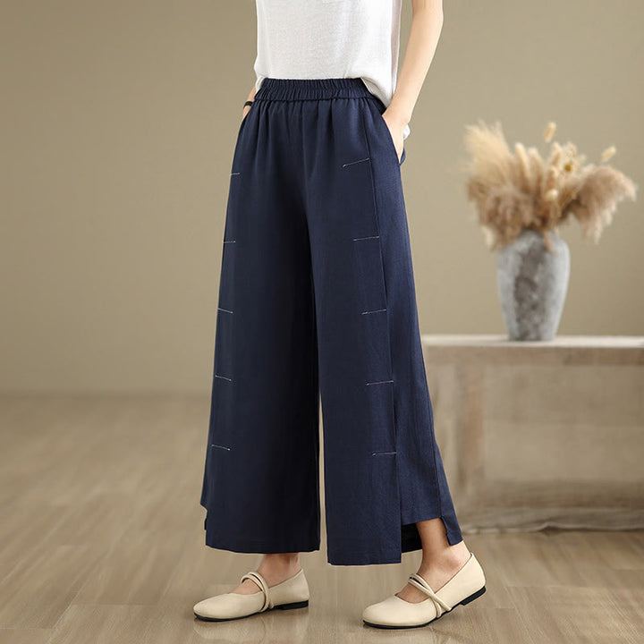 Buddha Stones Frühlings-Casual Navy Simple Line Design Baumwolle Leinen Damen Weite Beinhose mit Taschen