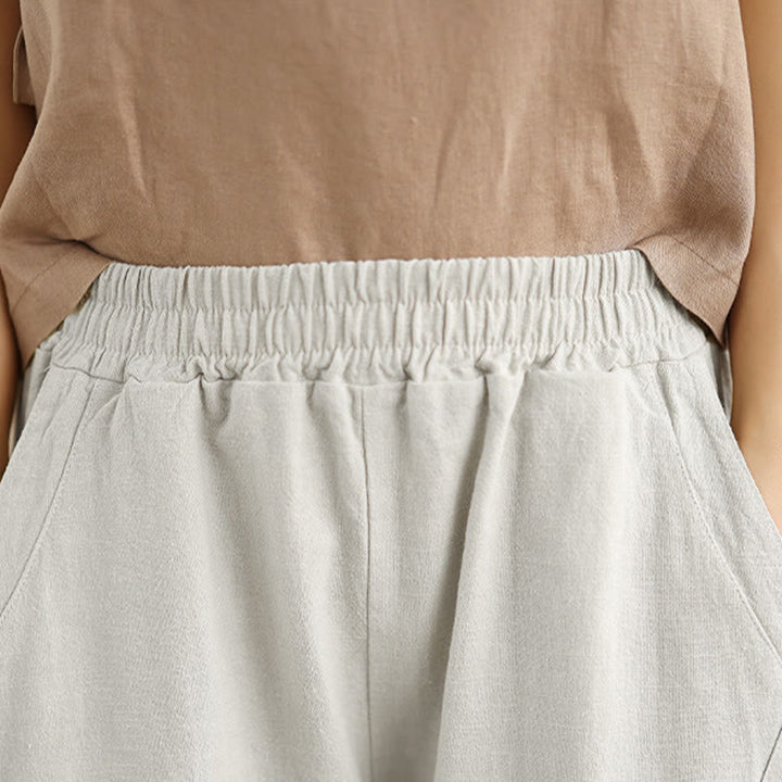 Buddha Stones Frühling 7-8 Länge Volltonfarbe Damen Baumwolle Leinen Haremshose mit Taschen - image 7