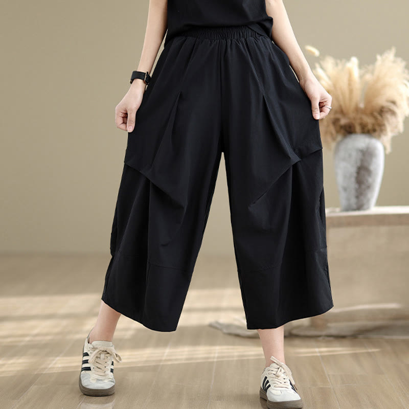Buddha Stones Sommerhose aus Baumwolle mit unregelmäßigem Faltendesign und weitem Bein und Taschen für Damen