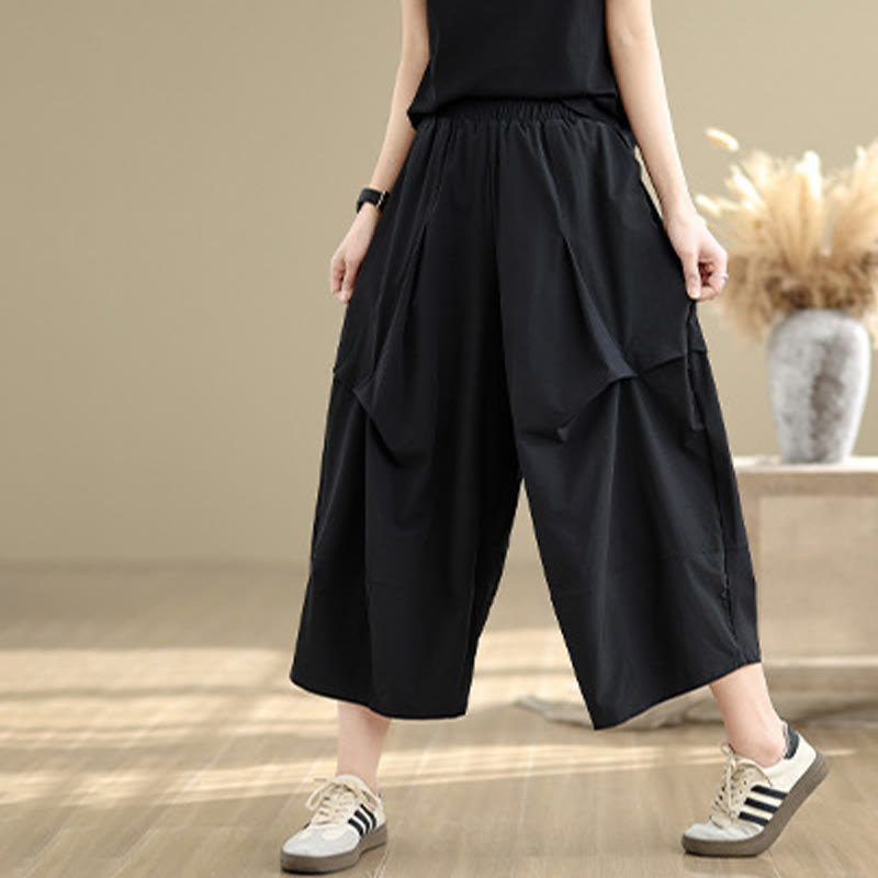 Buddha Stones Sommerhose aus Baumwolle mit unregelmäßigem Faltendesign und weitem Bein und Taschen für Damen