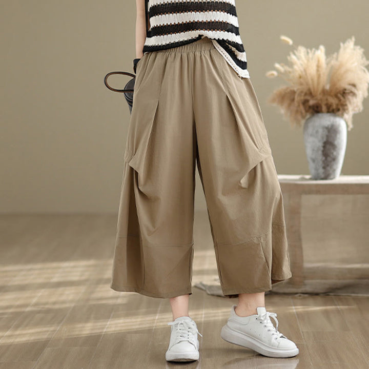 Buddha Stones Sommerhose aus Baumwolle mit unregelmäßigem Faltendesign und weitem Bein und Taschen für Damen - image 3