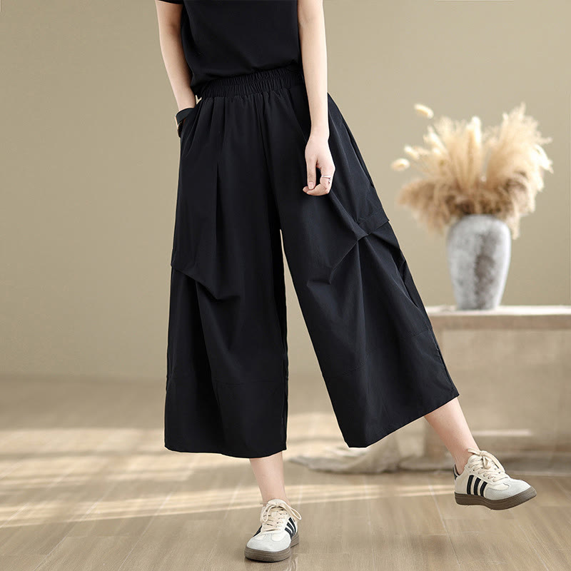 Buddha Stones Sommerhose aus Baumwolle mit unregelmäßigem Faltendesign und weitem Bein und Taschen für Damen