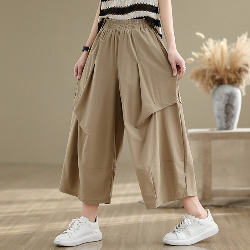 Buddha Stones Sommerhose aus Baumwolle mit unregelmäßigem Faltendesign und weitem Bein und Taschen für Damen