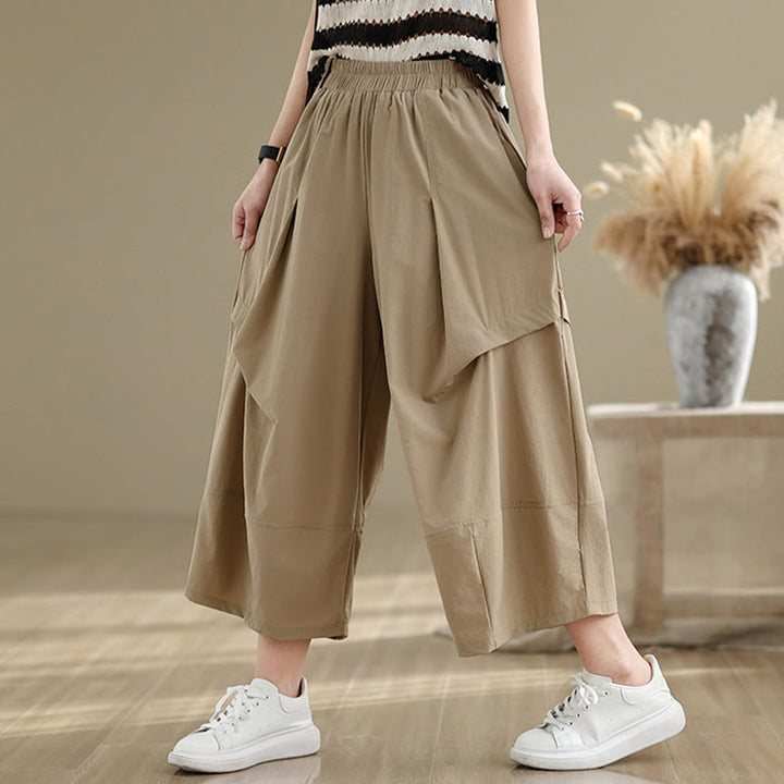 Buddha Stones Sommerhose aus Baumwolle mit unregelmäßigem Faltendesign und weitem Bein und Taschen für Damen