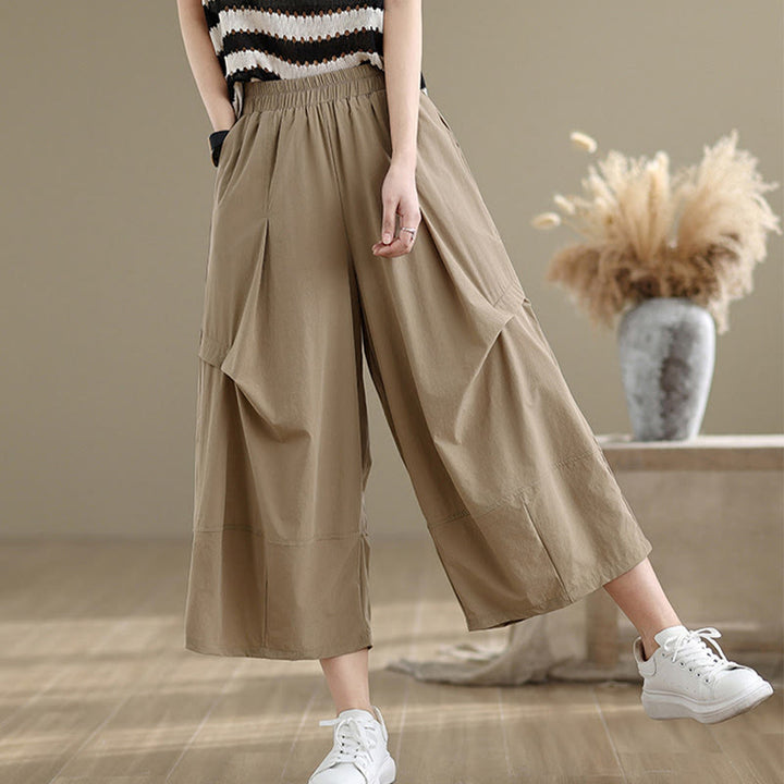 Buddha Stones Sommerhose aus Baumwolle mit unregelmäßigem Faltendesign und weitem Bein und Taschen für Damen