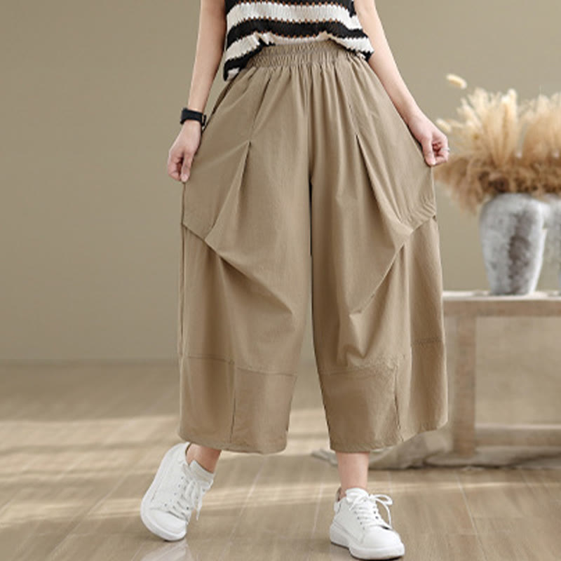 Buddha Stones Sommerhose aus Baumwolle mit unregelmäßigem Faltendesign und weitem Bein und Taschen für Damen