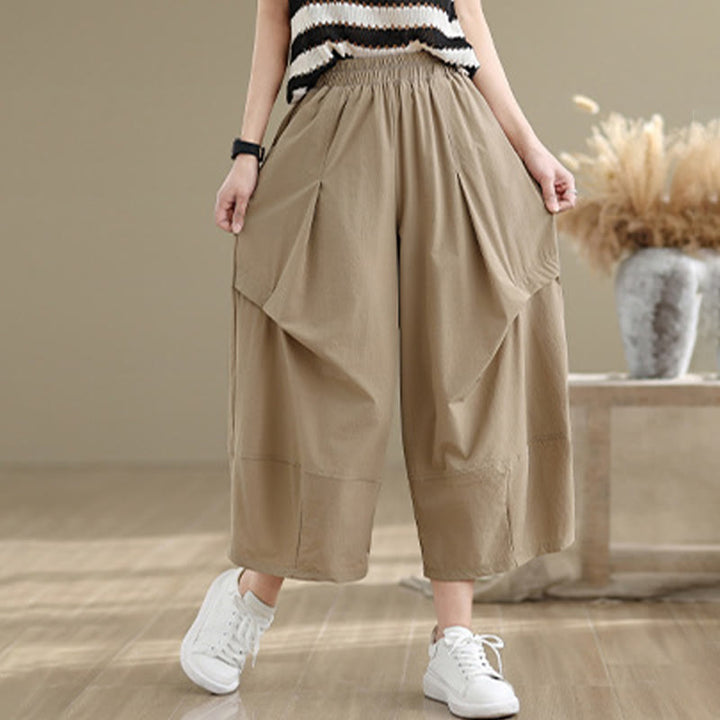 Buddha Stones Sommerhose aus Baumwolle mit unregelmäßigem Faltendesign und weitem Bein und Taschen für Damen