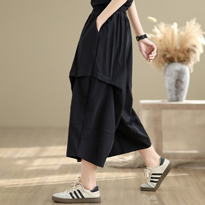 Buddha Stones Sommerhose aus Baumwolle mit unregelmäßigem Faltendesign und weitem Bein und Taschen für Damen