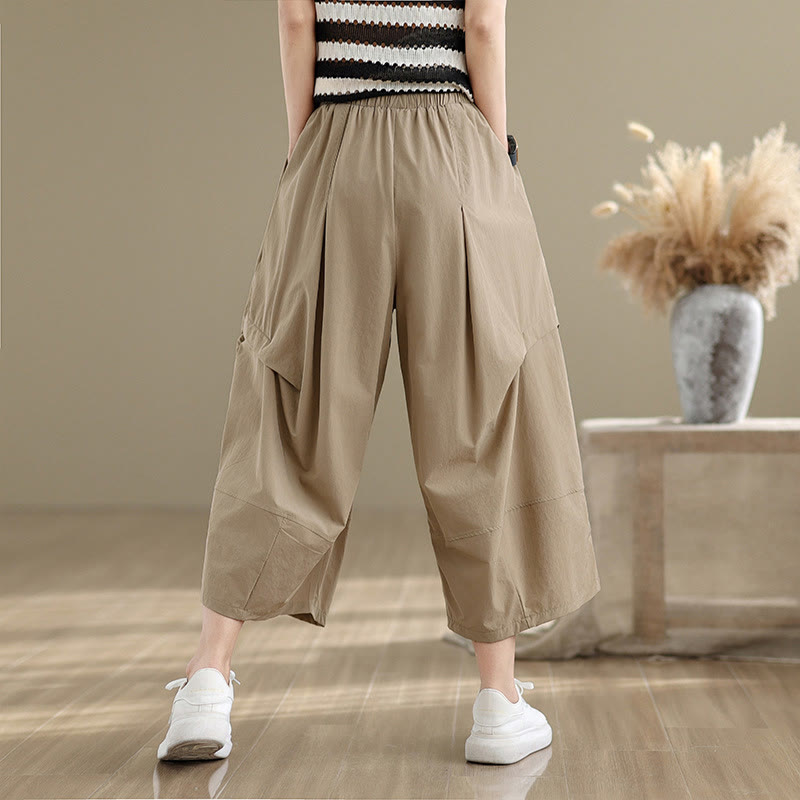 Buddha Stones Sommerhose aus Baumwolle mit unregelmäßigem Faltendesign und weitem Bein und Taschen für Damen
