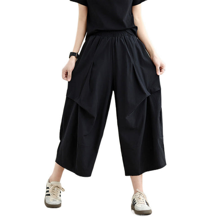 Buddha Stones Sommerhose aus Baumwolle mit unregelmäßigem Faltendesign und weitem Bein und Taschen für Damen