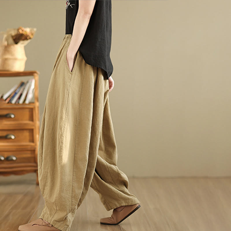 Buddha Stones Vintage Patchwork Laternen Design Baumwolle Leinen Damen Weite Beinhose mit Taschen - image 14