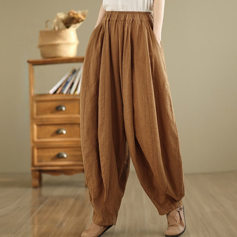 Buddha Stones Vintage Patchwork Laternen Design Baumwolle Leinen Damen Weite Beinhose mit Taschen - Schokolade - US8-10， UK/AU12-14，EU40-42 (2XL) - image 0