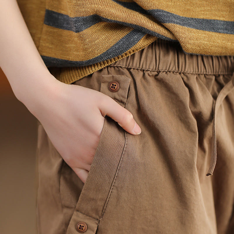 Buddha Stones Lässige, schlichte Haremshose aus Baumwolle für Damen mit gepatchtem Bündchendesign und Taschen - image 3