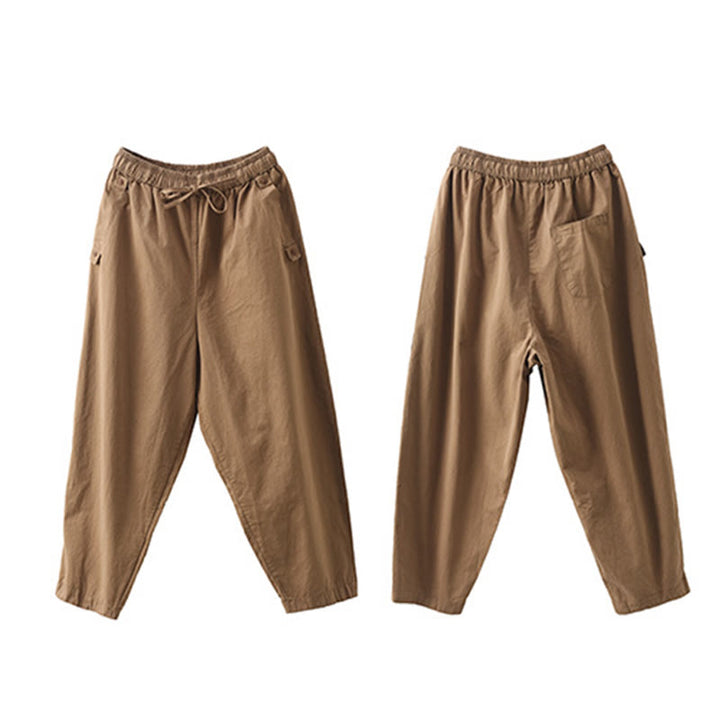 Buddha Stones Lässige, schlichte Haremshose aus Baumwolle für Damen mit gepatchtem Bündchendesign und Taschen - image 8